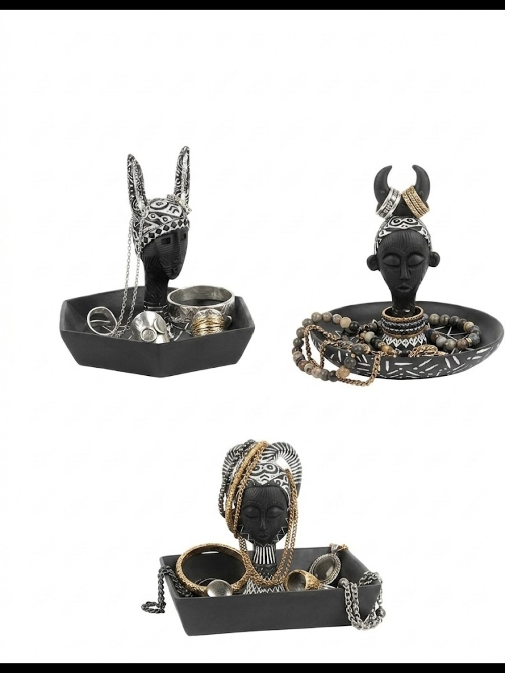 Trio of Black & White African-Inspired Jewelry Dishes